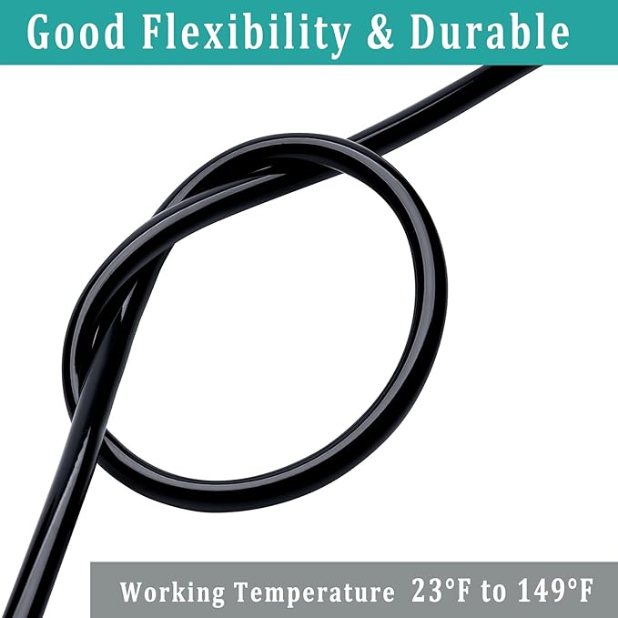1/2" id - 50ft Black Vinyl Tubing Flexible PVC Tube Hybrid Hose Transfer Water Fuel Gas for Pond Fountain Garden Waterfall, Durable and Safe, with 2 Hose Clamps
