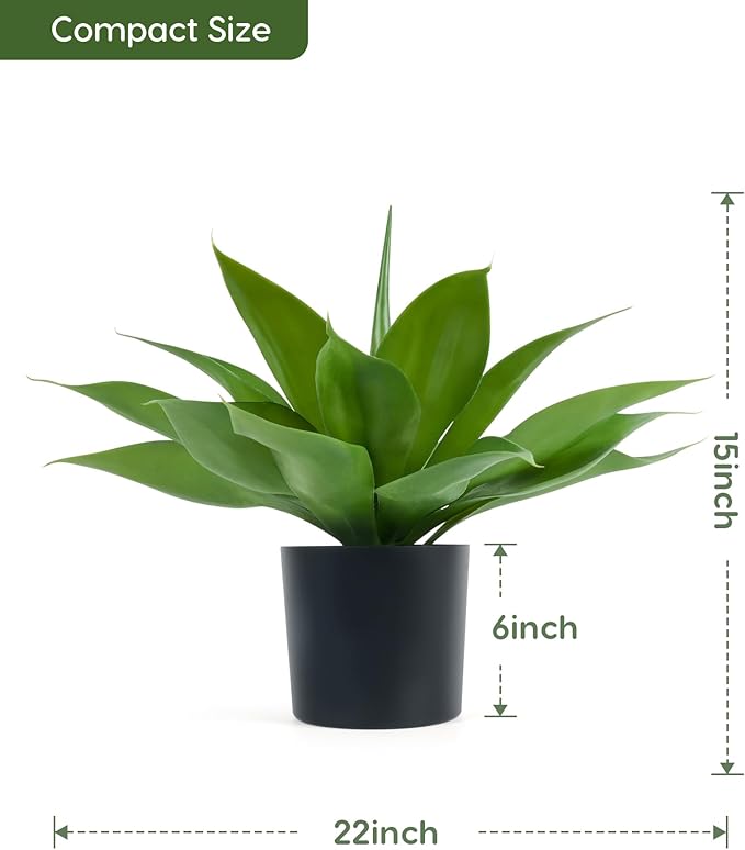 Velener Fake Agave with Black Pot, Artificial Plant Outdoor Agave - Fake Plants for Indoor and Outdoor Decor(16 Inch)