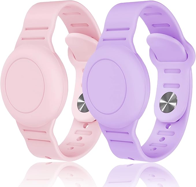 Kids Waterproof Airtag Bracelet Compatible with Apple AirTag, Hidden Silicon Protective Case for Air Tag GPS Tracker Holder, Adjustable Anti-Lost Watch Band for Toddler Child (Pink & Purple)
