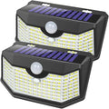 HMCITY 120 LED Outdoor Solar Lights with Motion Sensor and 3 Lighting Modes, IP65 Waterproof Wide Solar Wall Lights Ideal for Garden Patio Yard (Front Button 2Packs, Daylight White)