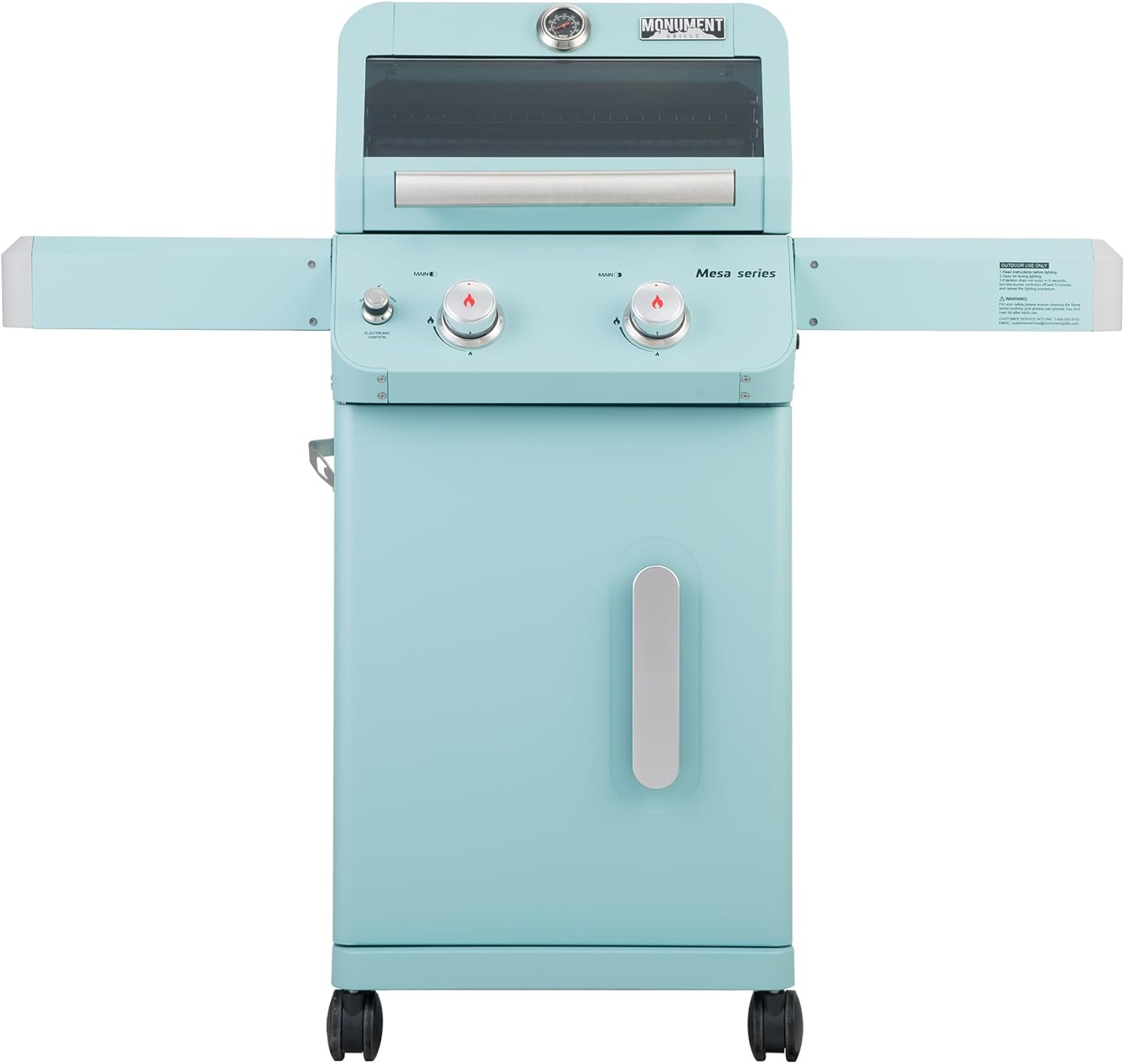 Monument Grills 2-Burner Stainless Steel Liquid Propane Gas Patio Garden Barbecue Grill with Clearview® Lid, Knob Control and Two Foldable Shelves Mesa200G, Green