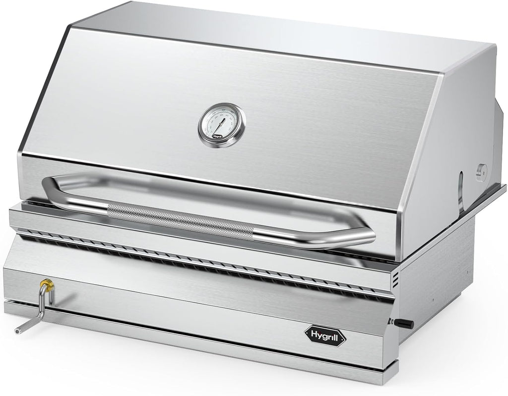 Hygrill Charcoal Grill Head for Outdoor Kitchen, 32-inch Stainless Steel Built-In Grill with Insulated Hood, Temperature Gauge and Fabric Cover