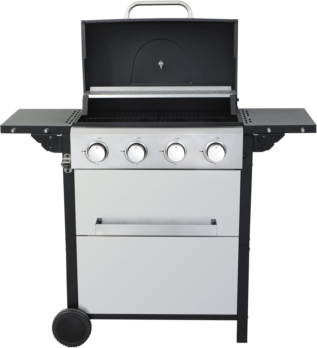 4-Burner Propane Gas BBQ Grill, 34,200 BTU Output, Wire Enamel Cooking Grates, Foldable Side Table and Hanging Basket, Stainless Steel Grill for Outdoor Cooking