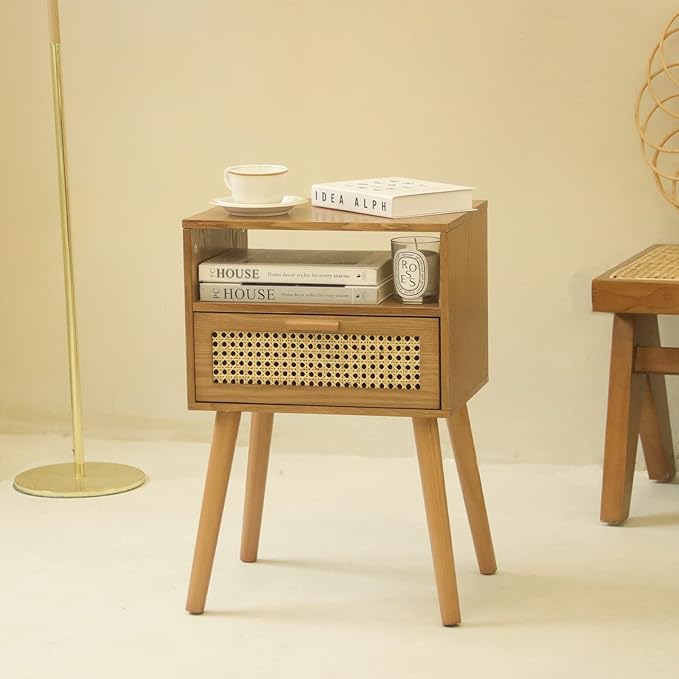 MaxSmeo Mid Century Modern Nightstand with Drawer, Small Nightstand Bedside Table, Rattan Nightstand, Wood End Table for Bedroom, Living Room (Brown)
