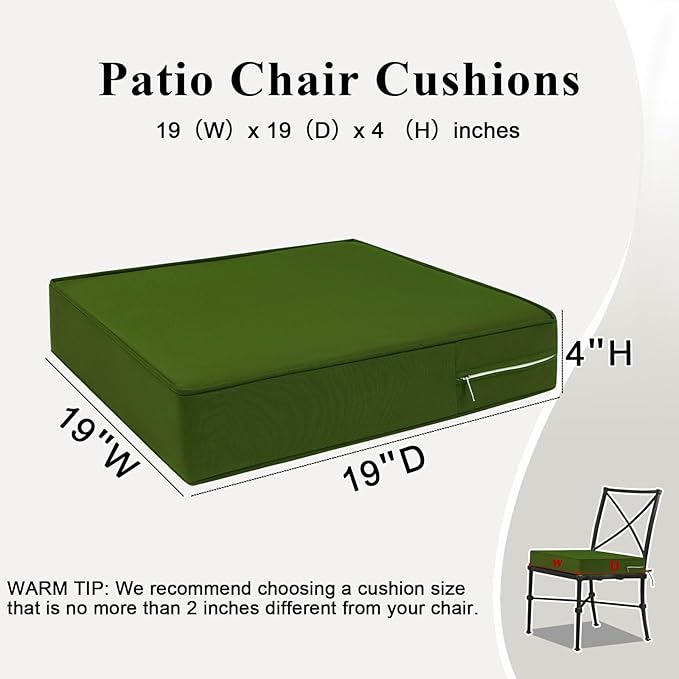 Outdoor Chair Cushions Set of 2 for Patio Furniture 19x19x4 Inch Waterproof Patio Chair Cushion 3 Year Color Fastness Square Elastic Foam Garden Couch Pads with Ties and Handle,Green