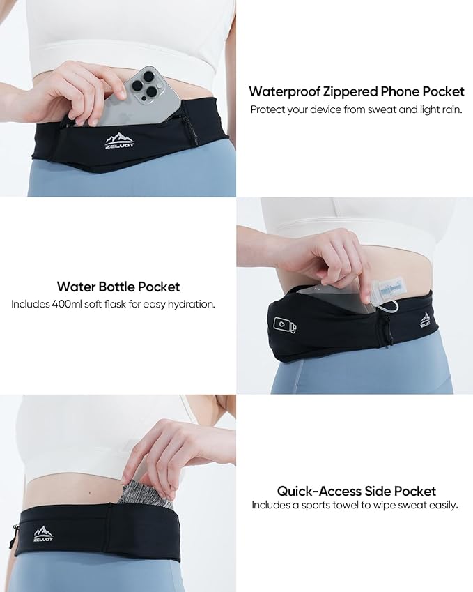 Running Belt with 400ml Soft, Adjustable Running Fanny Pack with Phone Holder and Gym Towel, Waterproof Belt Bag for Women Men for Jogging Hiking Marathon (Black, L/XL)