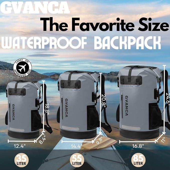 Waterproof Dry Bag Backpack for Kayaking, Roll Top Kayak Dry Backpack, Floating Outdoor Dry Sack Boating Sailing Canoeing Rafting Fishing Camping 85L Grey