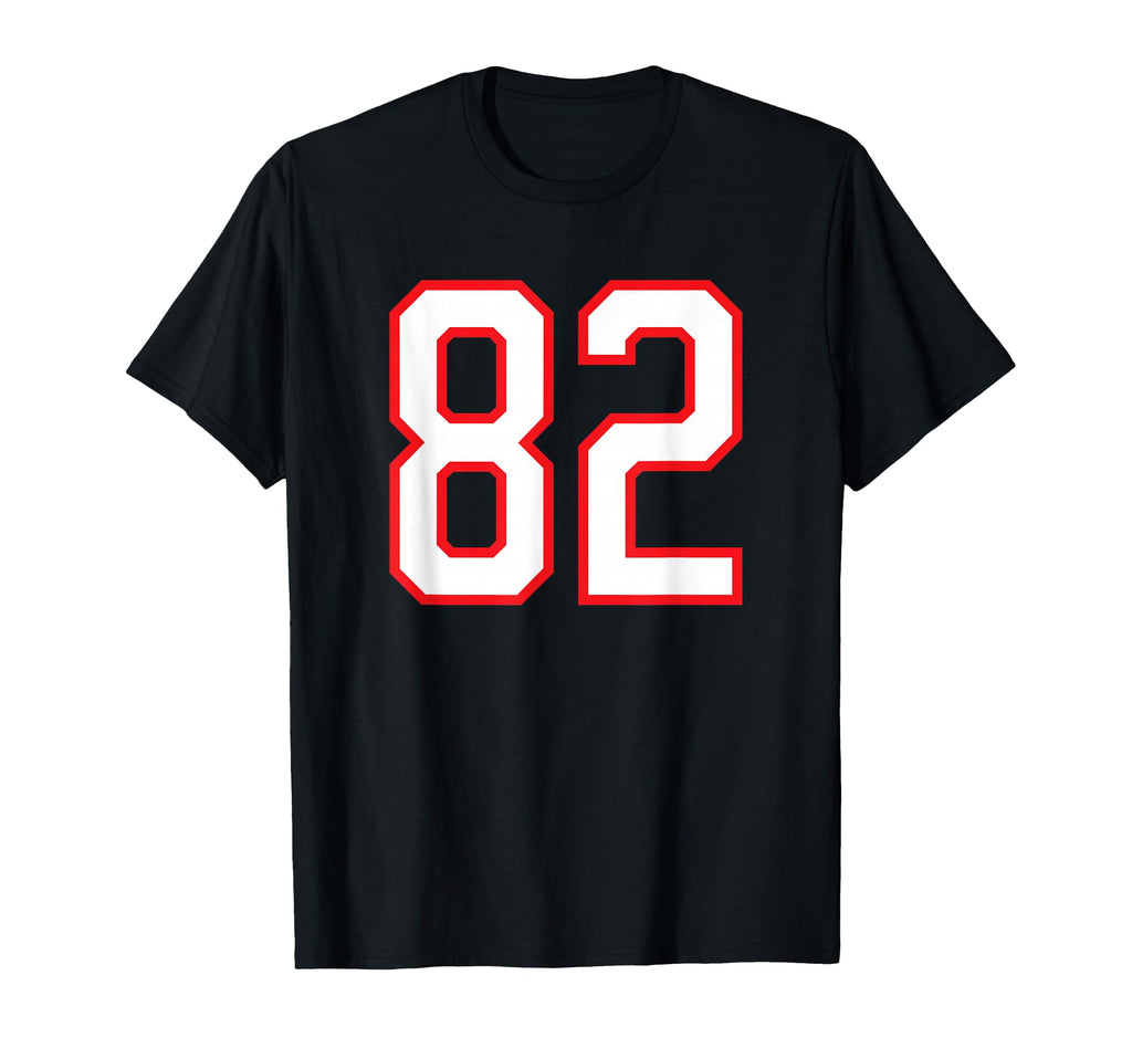 Number 82 White Red Sports Team T-Shirt - Fun Novelty Design for Adults