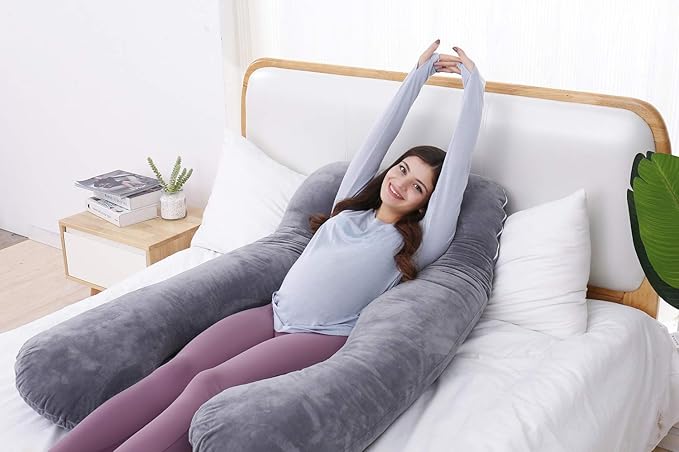 AS AWESLING Pregnancy Pillow, U Shaped Full Body Pillow, Nursing, Support and Maternity Pillow for Pregnant Women with Removable Velvet Cover (Grey)