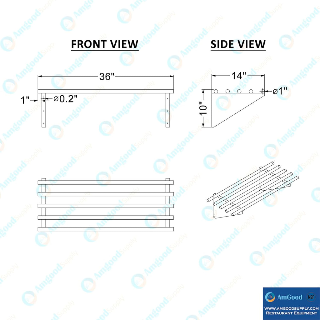 AmGood 14 in. x 36 in. NSF Stainless Steel Tubular Wall Shelf | Heavy-Duty Metal Shelving for Appliances & Equipment | Ideal for Kitchen, Restaurant, Garage, Laundry, Utility Room