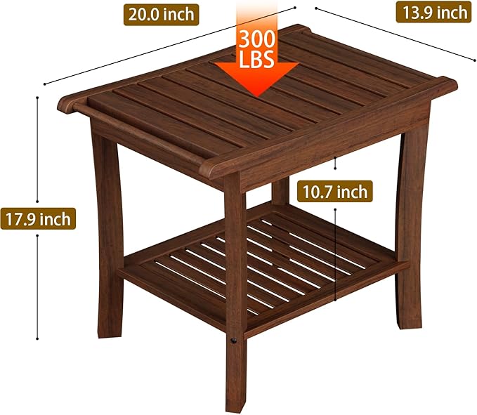 Teak Shower Bench with Shelf & Handle, 20 Inch Shower Stool for Standard Tubs & Showers, Non-Slip Waterproof Seat, Spa & Bathroom Storage Stool