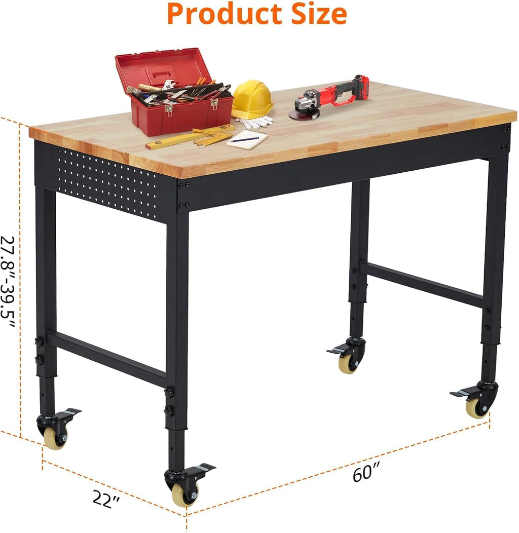 60'' Adjustable Workbench on Wheels, 2000LBS Heavy Duty Worktable with Power Outlets, Rubberwood Workstation for Workshop, Garage, Office, Home