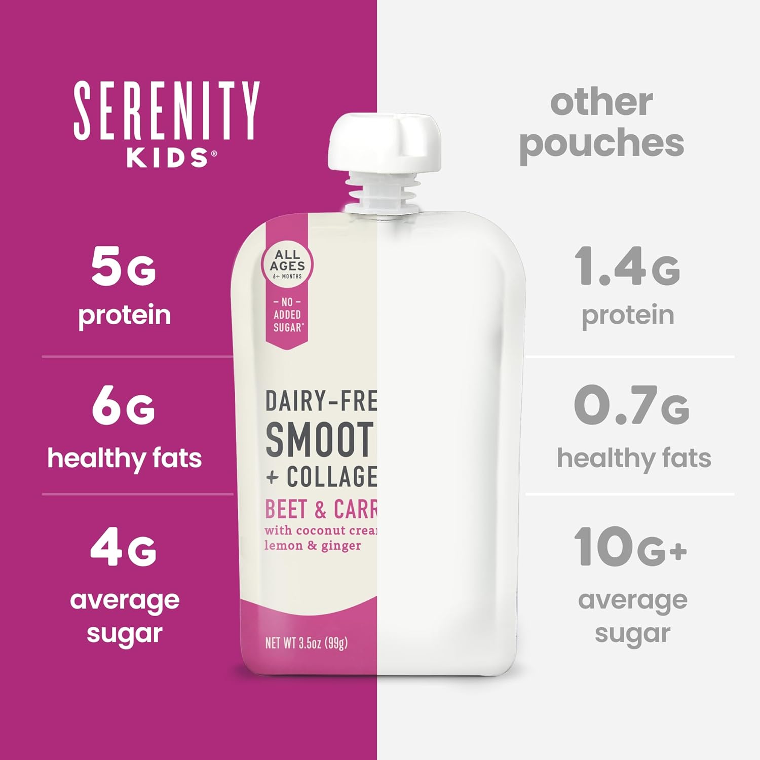 Serenity Kids Organic Beet & Carrot Smoothie Pouch, Grain-Free, Dairy-Free, 3.5 oz, Pack of 6