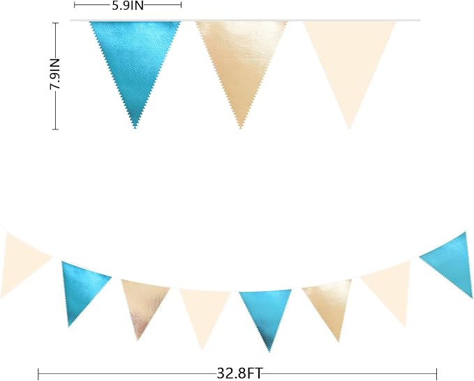 Champagne Gold and Sky Blue Metallic Fabric Triangle Pennant Banner, 32 Feet