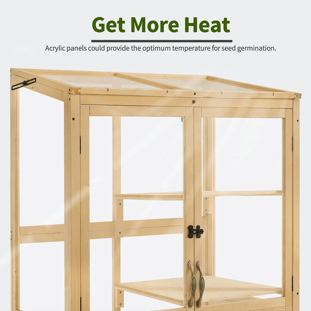 Macrout Cold Frame Greenhouse, Tall Wooden Greenhouse for Outdoor Indoor Use with Polycarbonate Panels, 3 Tier Garden Cold Frame with Drawer and Shelves, 0864 (Natural)