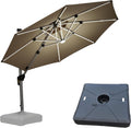 PURPLE LEAF 10ft Patio Umbrella With Base Solar powered LED Cantilever Umbrella with LED lights Windproof Outdoor Offset Umbrella for Garden Deck Pool Patio, Beige