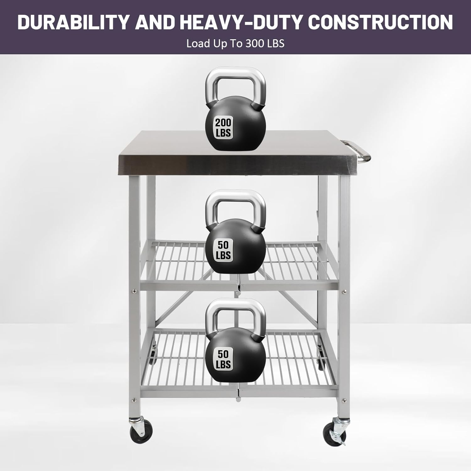 3-Tier Folding Outdoor Grill Cart, 300lbs Load Capaciy Foldable Utility Storage Rolling Kitchen Table with Lockable Wheels, 25.75" D x 20" W x 36" H, Steel Service Trolley for Food Prepping