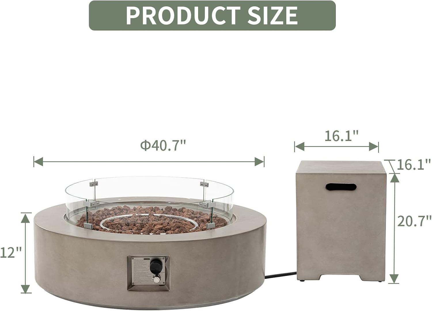 COSIEST 2-Piece Outdoor Propane Firepit Table Set w Tank Table, CSA Certified 42" Fire Table CSA Certified, 50,000 BTU w Gray Round Base,Wind Guard and 16 inches Tank Side Table 20lb for Garden,Pool