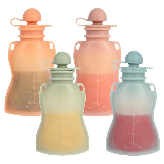 Reusable Baby Food Pouches with Straws, 4 Pack Refillable Silicone Squeezable Pouch for Kids Toddlers, BPA Free, Baby Food Storage Containers for Make Homemade, 5 oz