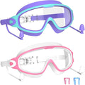 Swim Goggles for Kids 3-15 with Earplugs Large Frame Anti-Fog/UV Swimming Goggles for Boys Girls Toddler 2PCS