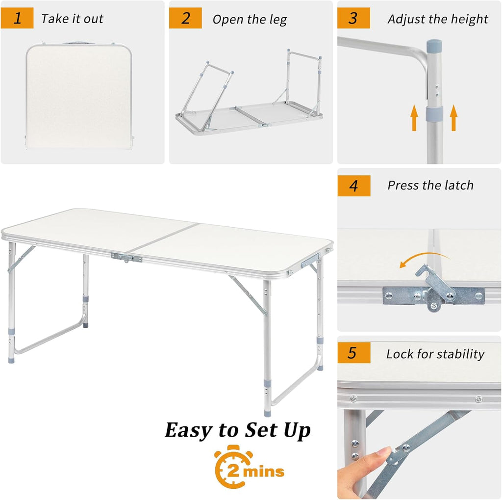 Outvita 4ft Portable Folding Camping Table, Outdoor Waterproof Adjustable Height Table, Aluminum Lightweight Suitcase Foldable Table for Picnic BBQ Beach Dining