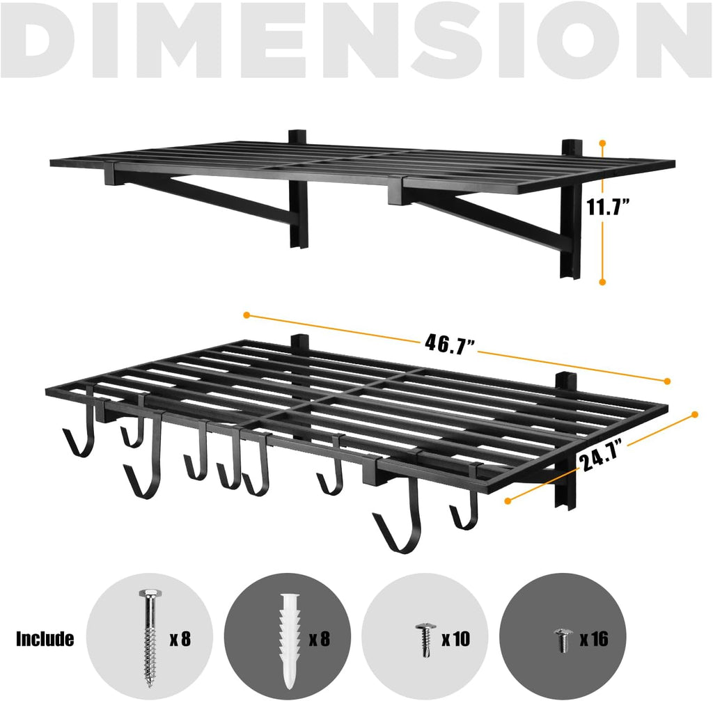2 Pack Heavy Duty Garage Wall Shelving, 2' x 4' Wall Mount Storage Shelf, Holds 200 lbs Each, Garage Shelving Wall Mounted, Storage Rack with Hooks (Black)
