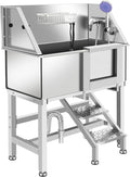 Stainless Steel Dog Washing Station, Pet Grooming Tub W/Storage Stairs, Faucet & Showerhead & Soap Holder Dog Bathtub for Large & Medium & Small Pets,34" R-RAMP