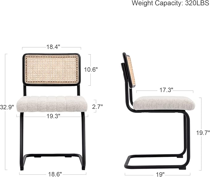 Natural Rattan Dining Chairs Set of 2, Modern Kitchen Chairs with Solid Wood Back, Upholstered Cesca Side Chairs with Comfy Linen Cushion