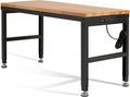 Haddockway Adjustable Workbench for Garage, 60" x 22" Rubber Wood Top Worktable with Power Outlets, Max 2000 Lbs Load Capacity Heavy Duty Workstation for Workshop Office Home (Black Frame, 60in)