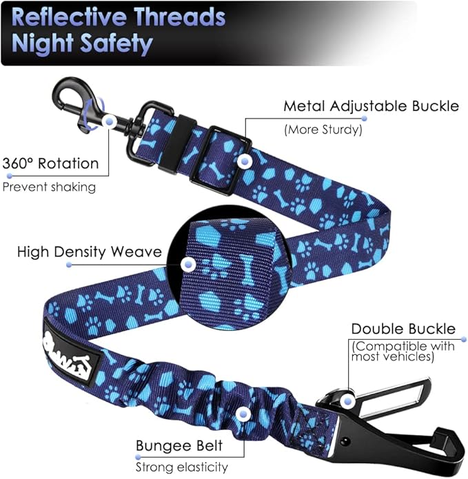 SlowTon Dog Seat Belt, Adjustable Dog Safety Belt Leash, 2 in 1 Latch Bar Attachment Dogs Car Seatbelt with Elastic Nylon Bungee Buffer, Reflective Nylon Belt Tether (BL,35.5in)