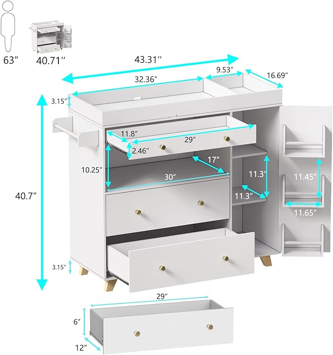PAKASEPT Changing Table Modern Dresser with Wide Table Top, 3 Drawers, White Drawer Dresser