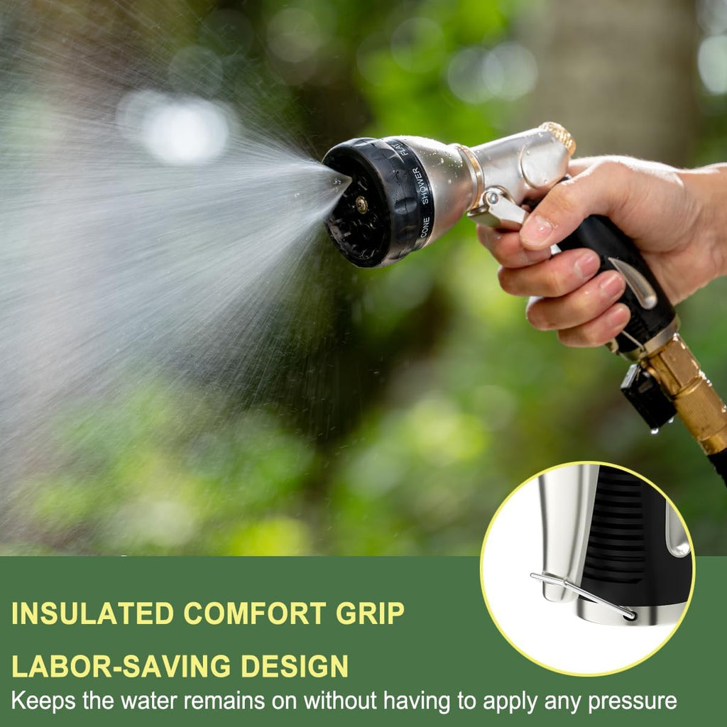 FANHAO Heavy Duty Garden Hose Nozzle, 100% Metal Water Nozzle with 8 Adjustable Spray Patterns, High Pressure Hose Sprayer with Non-Slip Grip for Watering Plants & Lawns, Washing Cars & Pets -Silver