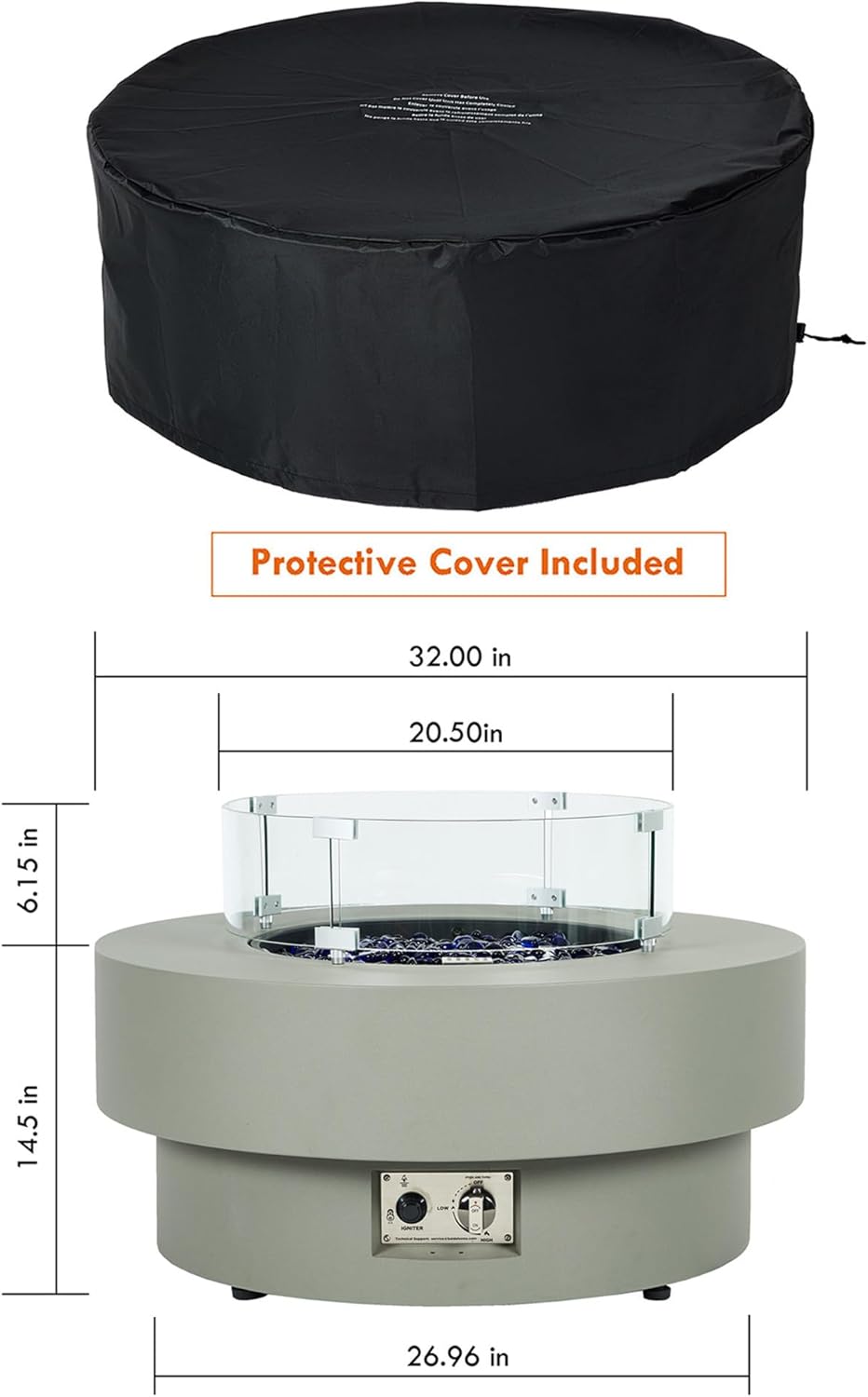 32.5-inch Outdoor Gas Fire Pit Table with Natural Gas Conversion Kit & Wind Glass Shield, 50,000BTU Propane Gas Fire Pits for Outside Patio w/Round Burner Lid, Glass Rocks, Cover