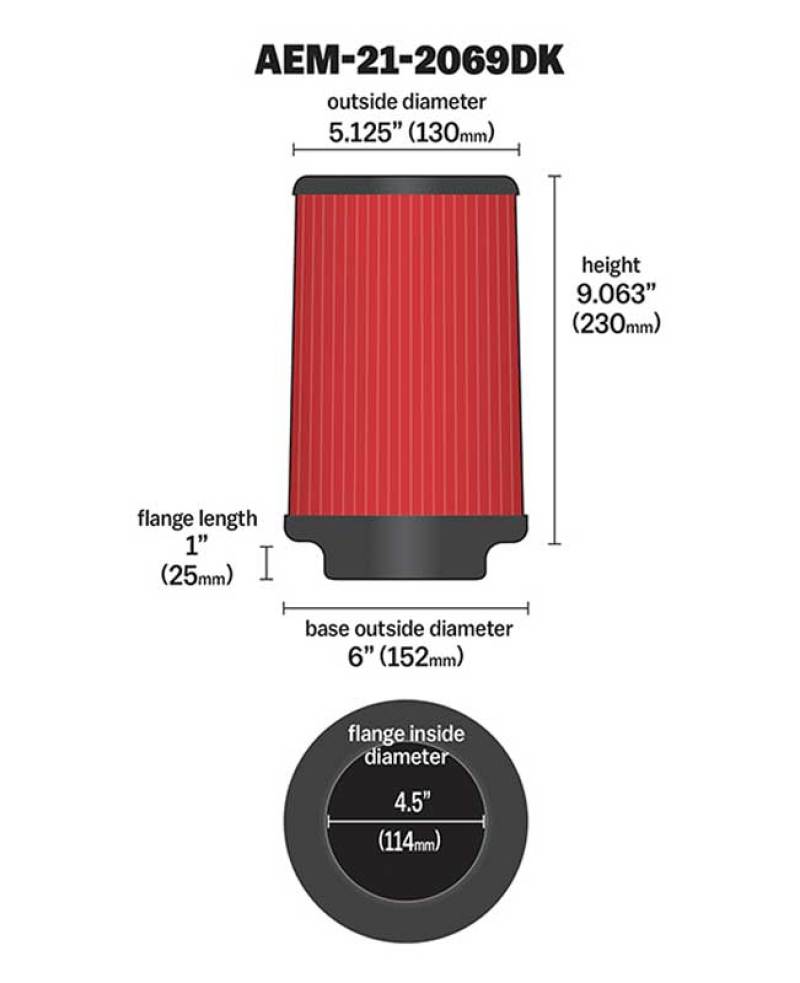 AEM Induction AEM DryFlow Air Filter AIR FILTER KIT 4.5in X 9in DRYFLOW 21-2069DK