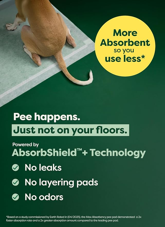Earth Rated Max Absorbency Puppy Pee Pads for Dogs Absorbs 2X Faster & 2X More, Leak-Proof Odor-Free Potty Training Wee Wee Pad, Unscented, Large, 22” x 23”, 75 Count