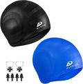 2 Pack Unisex Swim Caps with 3D Ear Protection, Durable Flexible Silicone Swimming Hats for Women Men Kids Adults, Bathing Swimming Caps for Short/Long Hair with Ear Plugs&Nose Clip