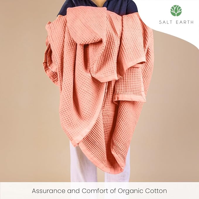 Salt Earth GOTS Certified 100% Organic Cotton Throw Blanket, 108" X 90" Waffle Blankets & Throws for Bed, Throw Blanket for Couch, Modern & Cozy Blanket, All Seasons, Comfy and Soft Blanket(Sun Bay)