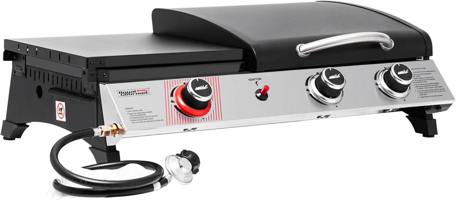Royal Gourmet PD1305H 3 Burner Propane Gas Grill and Griddle Combo with Lid, 3-in-1 Grill Griddle Combo with 29,000 BTUs Output for Outdoor Cooking, 364 Sq. In. Cooking Area, Silver & Black