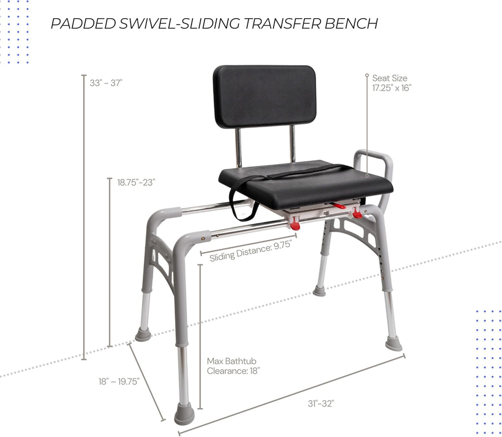 Padded Swivel Sliding Shower Chair & Transfer Bench, Height Adjustable, Heavy-Duty Capacity, for Safety Shower, for Elderly & Disabled