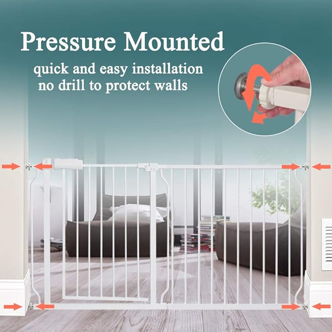 ALLAIBB Extra Wide Pressure Mounted Baby Gate Walk Through Child Kids Safety Toddler Tension White Long Large Pet Dog Gates with Extension for doorways Kitchen and Living Room (71.65-76.38"/182-194cm)