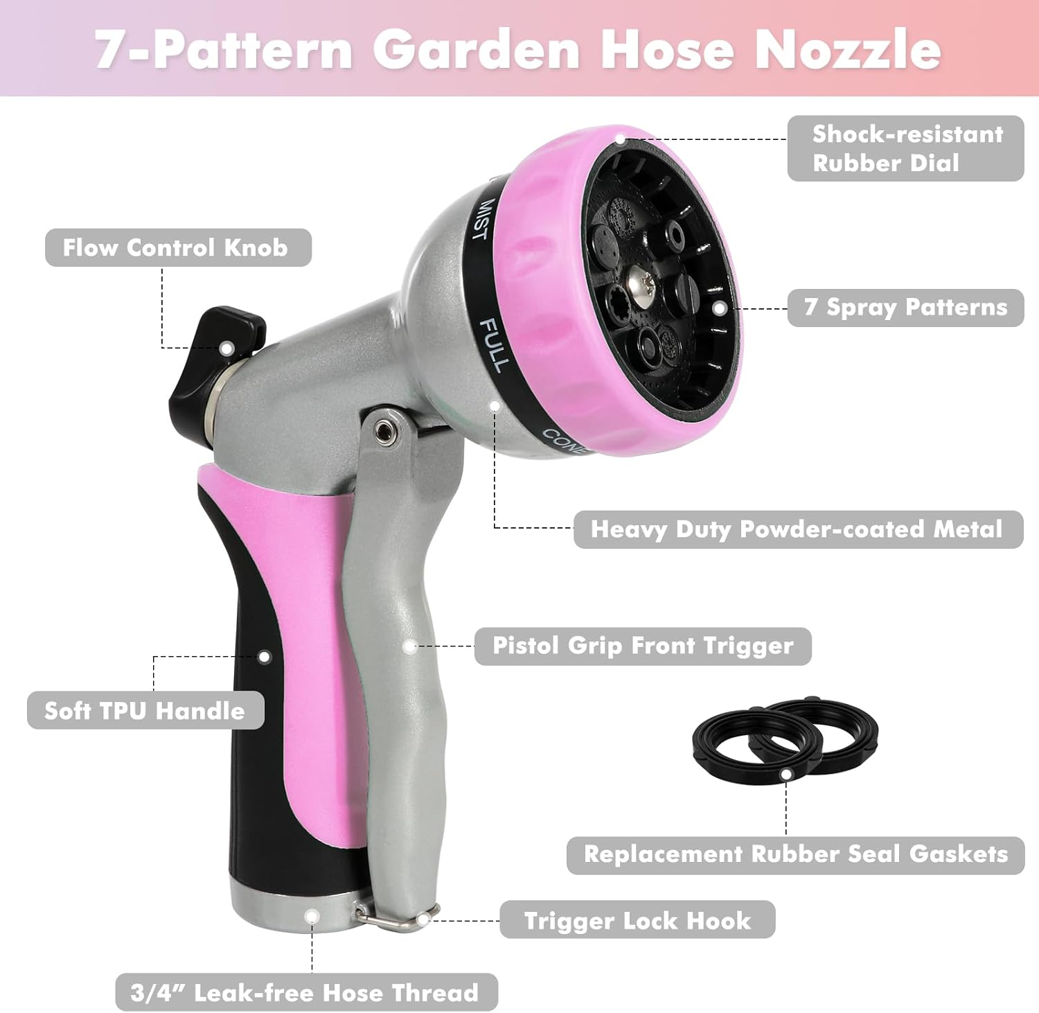 RESTMO Garden Hose Nozzle, Heavy Duty Metal Water Hose Nozzle with 7 Adjustable Spray Patterns, High Pressure Hand Sprayer with Flow Control, Best for Watering Plant & Lawn, Washing Car & Pet, Pink