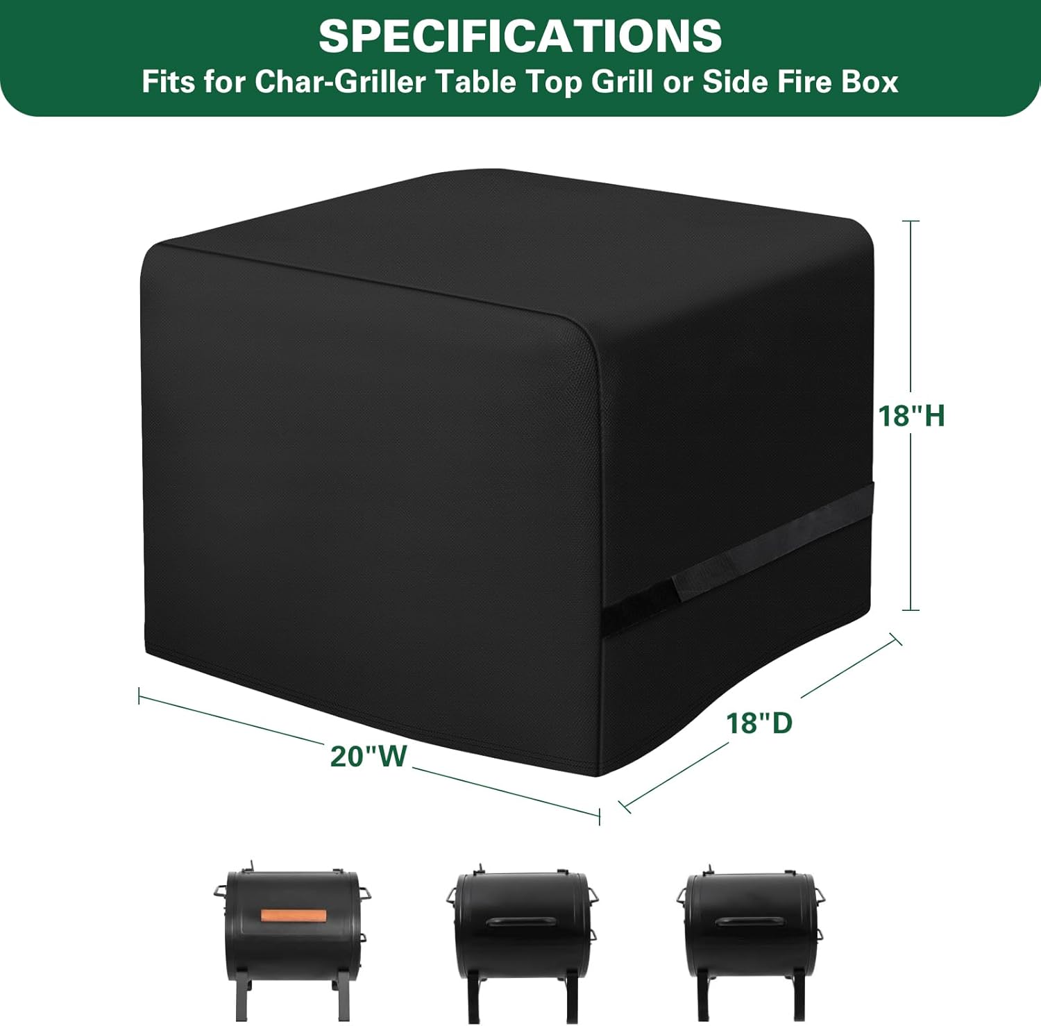 Side Fire Box Grill Cover Fits for Char-Griller 22424 72424 E82424 Portable Tabletop Grill, 600D Heavy Duty BBQ Cover Waterproof Portable Grill Cover, 18 x 18 x 20 Inch, Model 2455