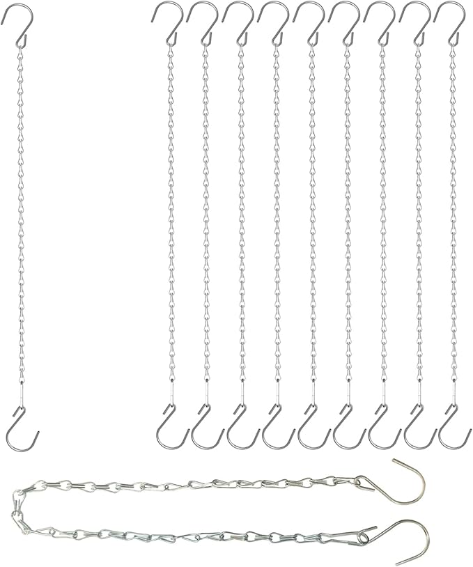 10 Pack 25" SIL Storagehook Silver Hanging Chains with S Hooks for Hanging Bird Feeders Planters Baskets Billboards Lanterns Wind Chimes Ornaments