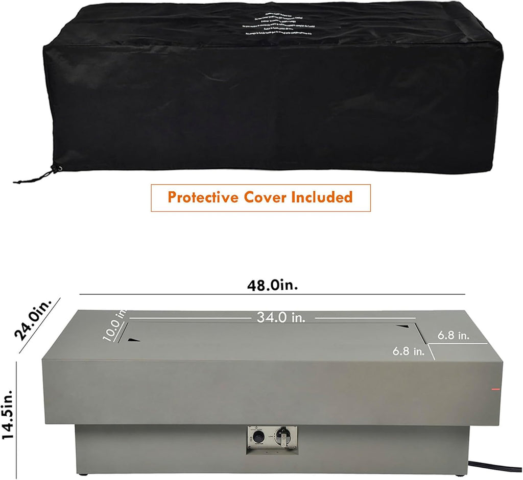 48-inch Fire Table with Natural Gas Conversion Kit, 50,000BTU Outdoor Modern Patio Fire Pit Table w/Rectangular Burner Lid, Glass Rocks, Cover