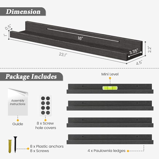 Forbena 24 Inch Long Picture Ledge Shelf Set of 4, Black Wood Floating Shelves for Wall with Lip, Rustic Display Shelves for Living Room Hallway Bedroom Office Photo Frames Bathroom Nail Polish