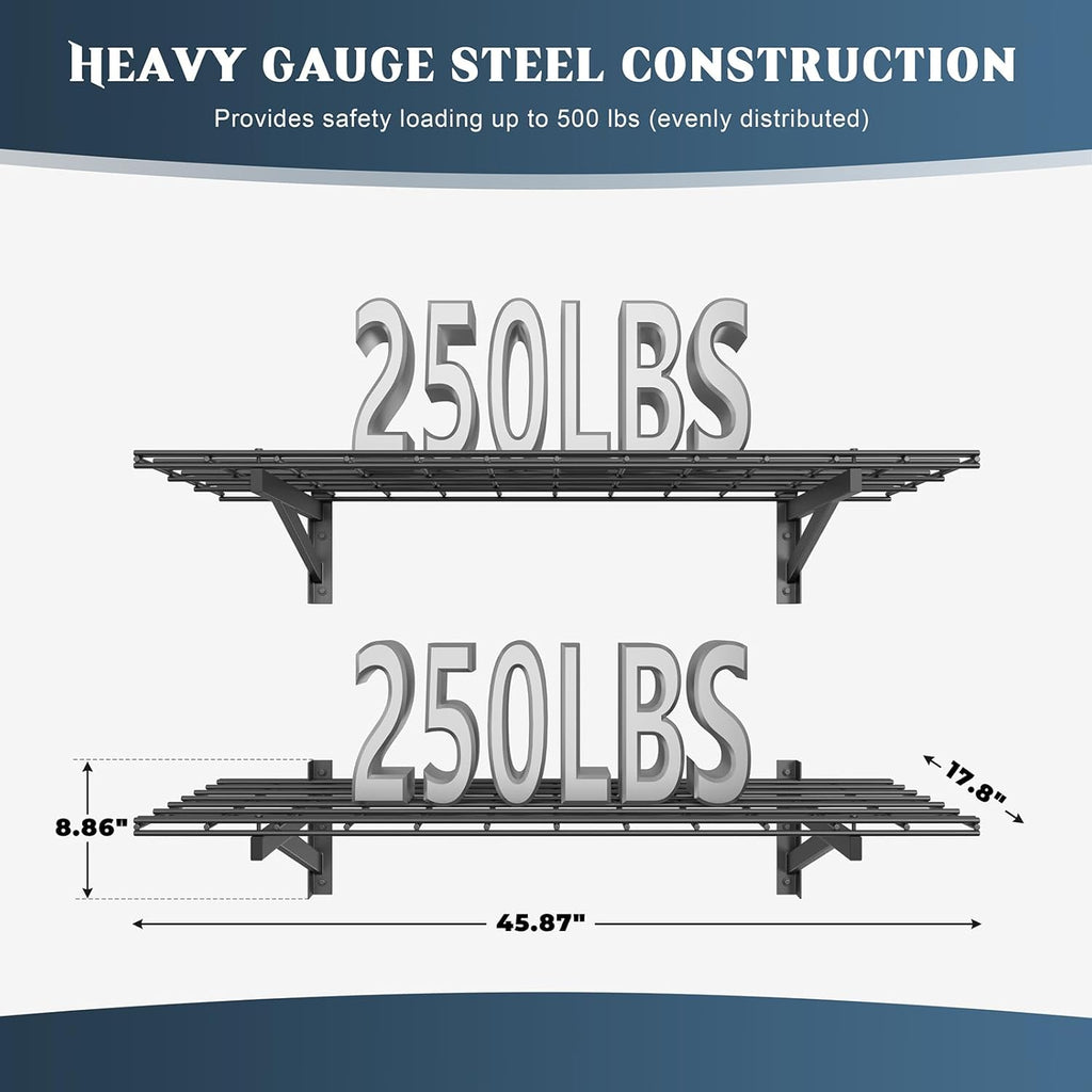 2 Pack Heavy Duty Garage Wall Shelving Set (1.5x4ft), Wall Mounted Garage Shelves 500lbs Capacity, 18"x48" Shelf Storage Rack Floating Shelves, Black