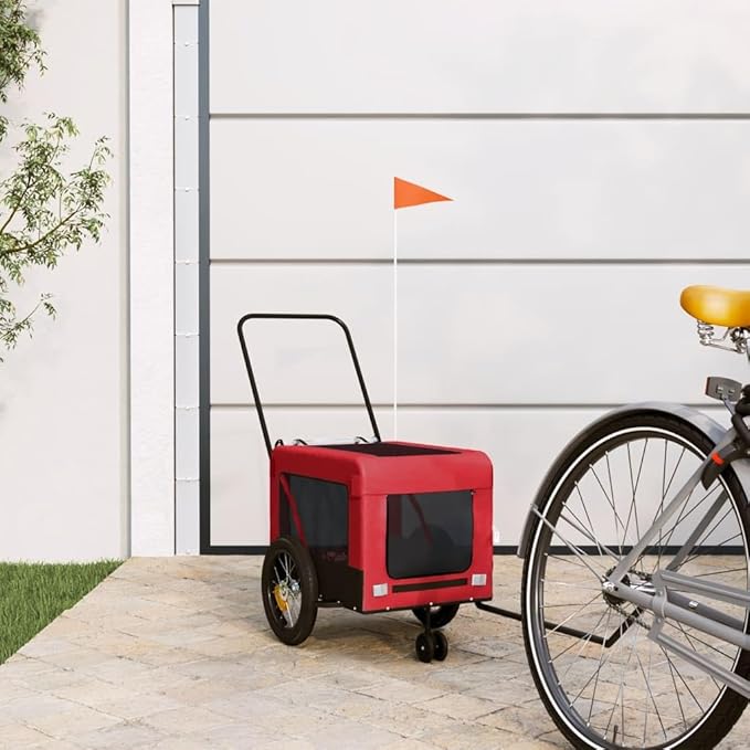 Tidyard Pet Bike Trailer Red and Black Oxford Fabric and Iron Pet Bicycle Carrier, Animal Bike Stroller for Cat, Puppy, Dog, Outdoor, Travel Style C