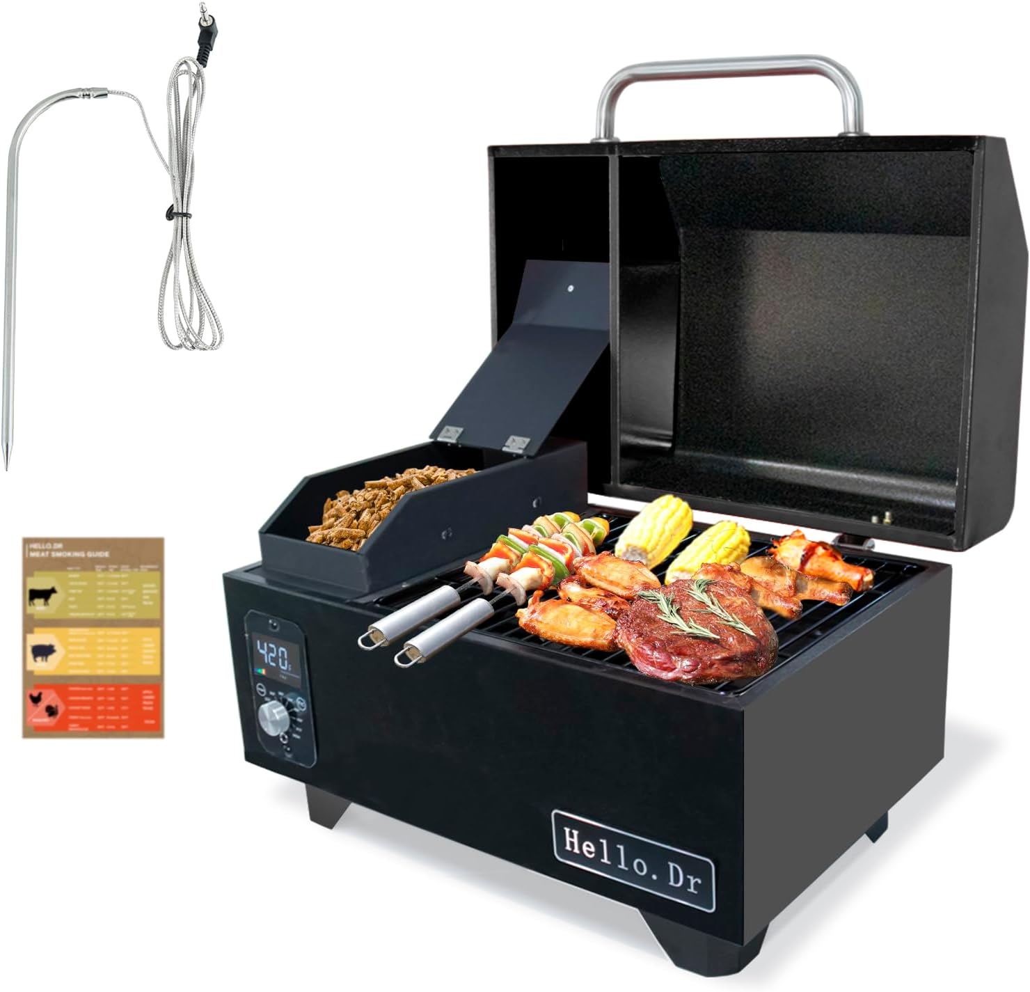 Pellet Grill, Portable Pellet Smoker, Smoker Grill with Digital Control, LED Screen, Meat Probe, Portable pellet Grills for BBQ, Smoke, Bake and Roast, RV Camping，Black