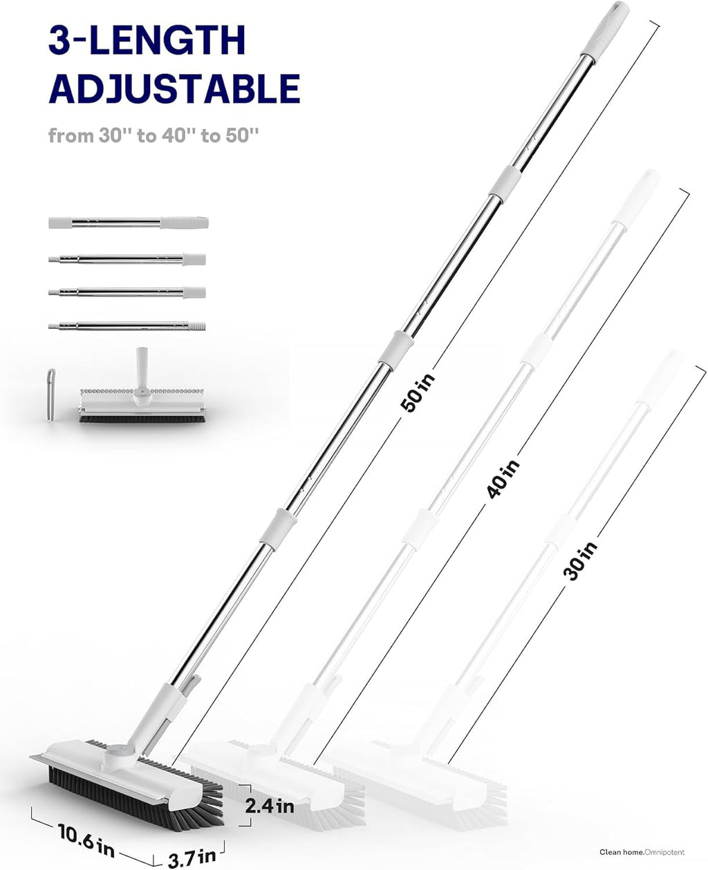 Floor Scrub Brush with Long Handle, 3 in 1 Scrape and Heavy-Duty Stiff Bristle Floor Scrubber Brush with Squeegee and Tweezer for Cleaning Tile Wall Deck Bathroom Patio Garage Kitchen (White)