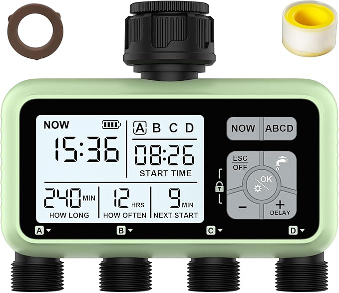 4 Outlet Sprinkler Timer, Programmable Garden Hose Timer with Rain Delay, Manual& Automatic Watering System, Waterproof Gardening Supplies Irrigation Controller for 4 Separate Water Zones